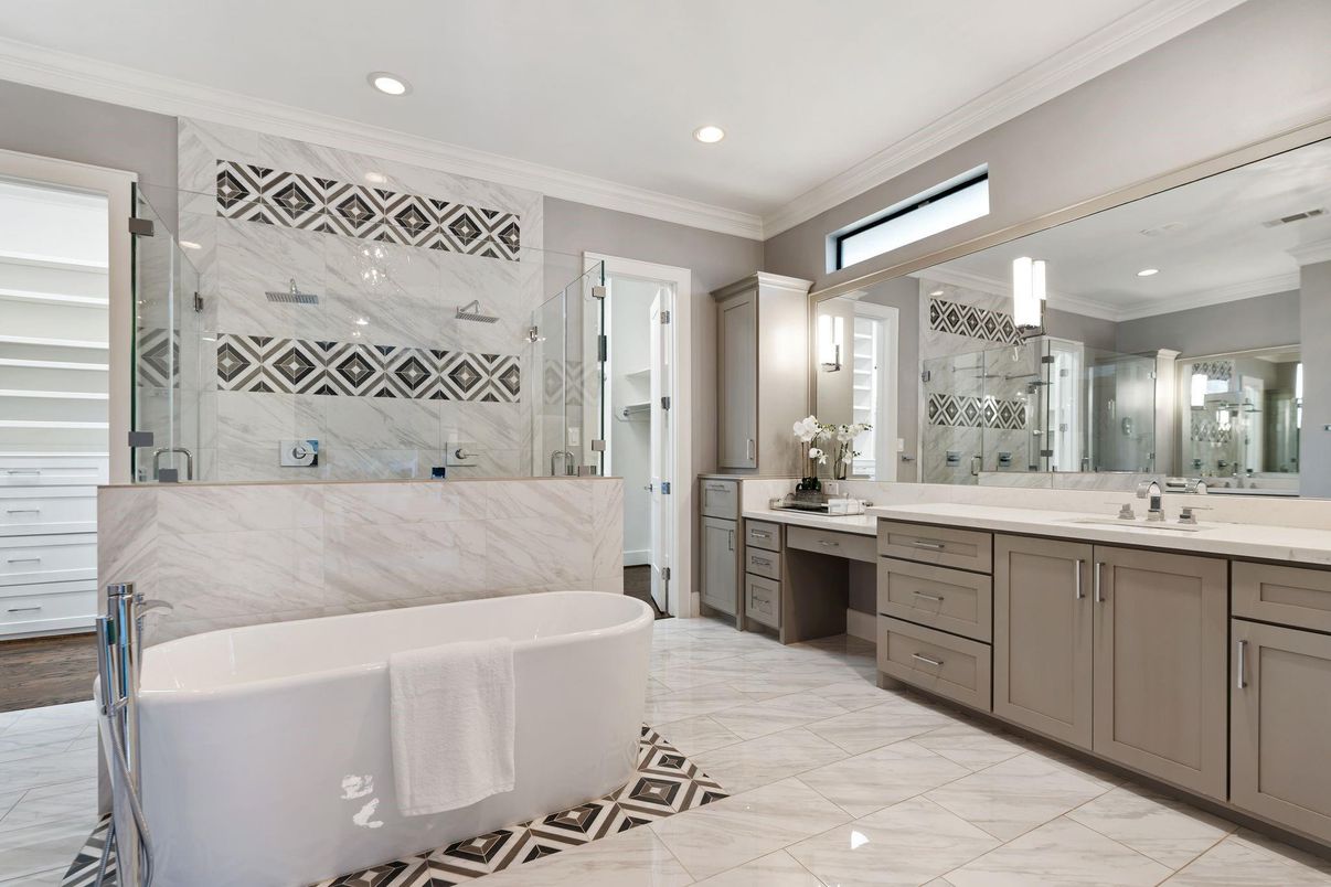 Bathroom, Dual Sink Vanities, Free Standing Baths, Glass Shower, Interior, Marble, Marble Walls, Recessed Lighting