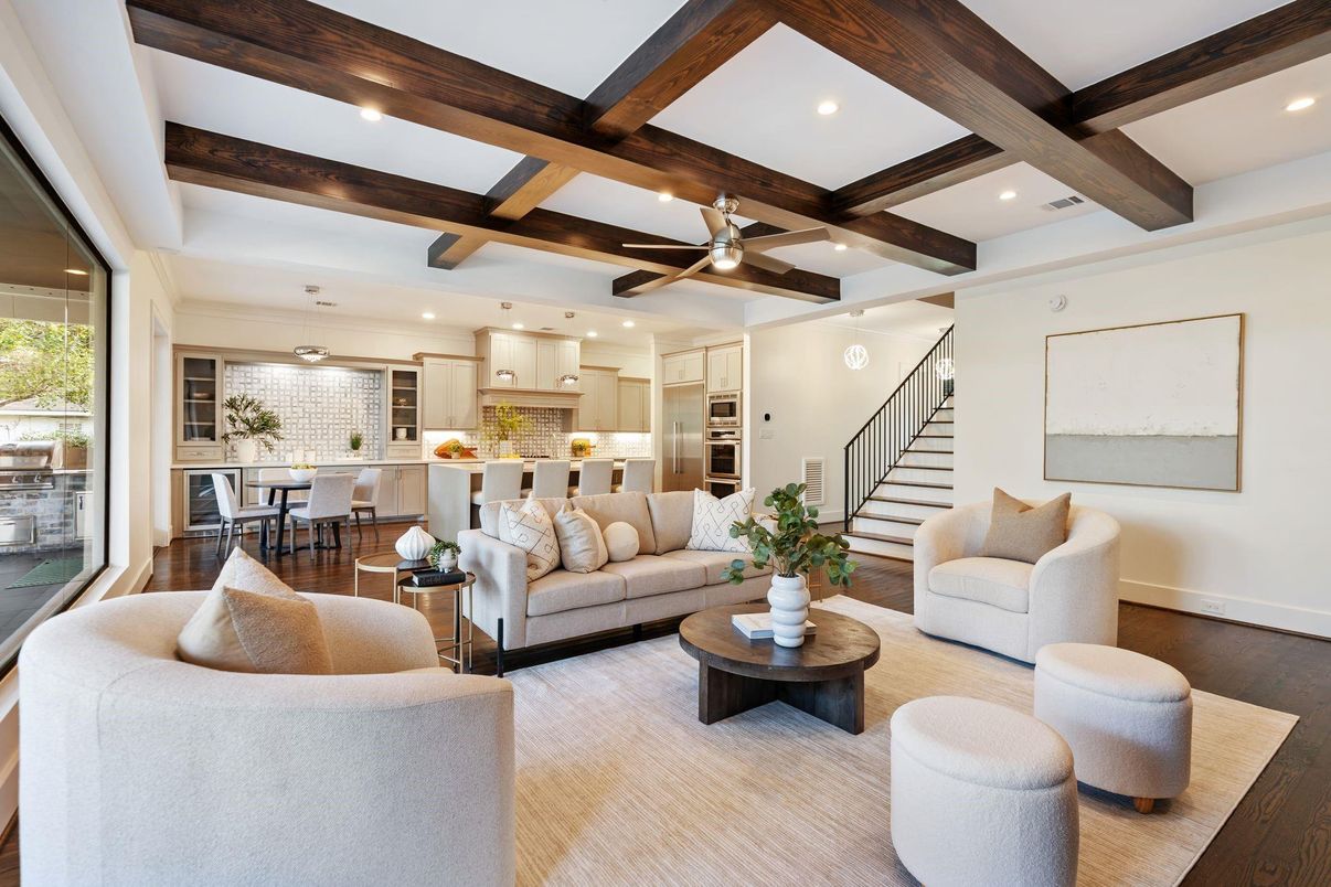 Dining room, Interior, Kitchen, Living room, Pendant Lights, Recessed Lighting, Stainless Steel Appliances, Wooden Beams, Wood Texture Flooring