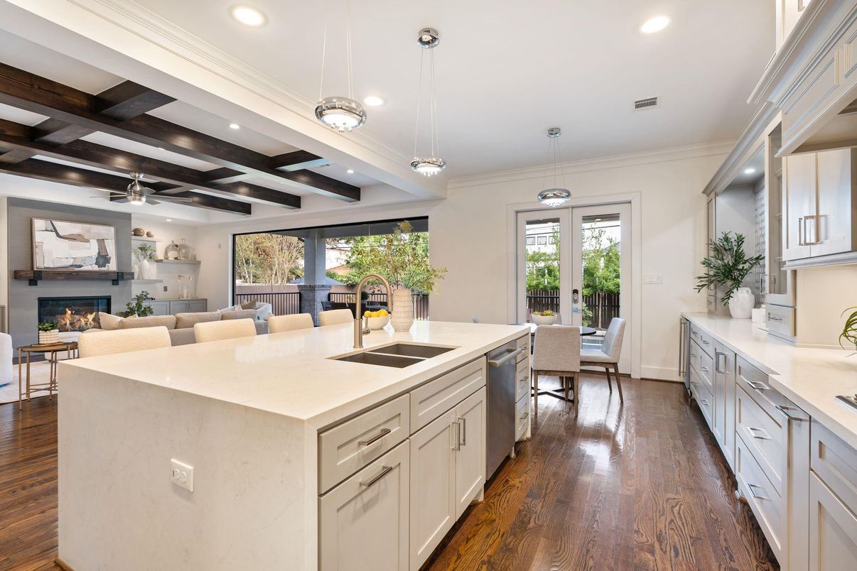 Fireplace, Interior, Kitchen, Living room, Pendant Lights, Recessed Lighting, Wooden Beams, Wood Texture Flooring