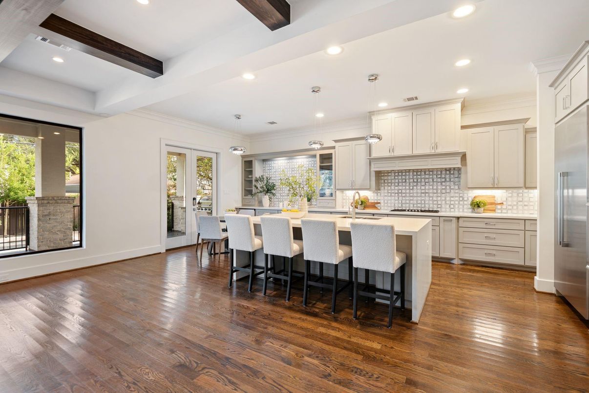 Interior, Kitchen, Pendant Lights, Recessed Lighting, Stainless Steel Appliances, Wooden Beams, Wood Texture Flooring