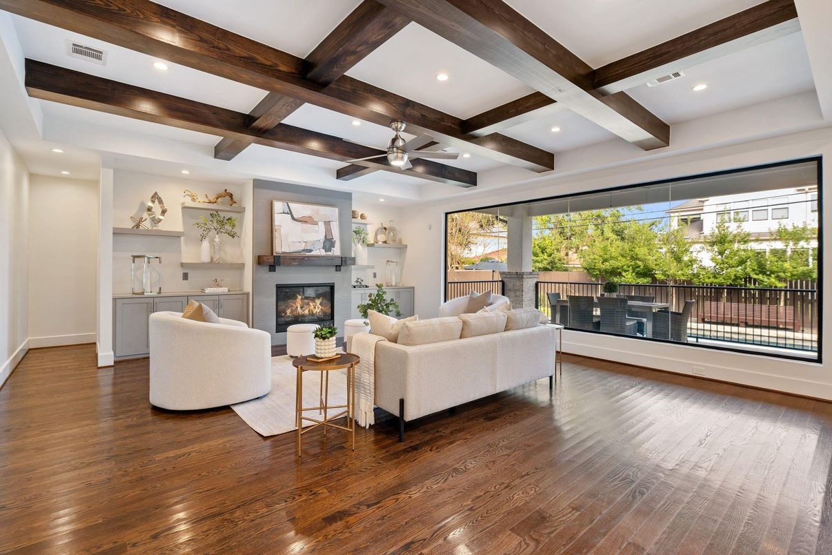 Fireplace, Interior, Living room, Recessed Lighting, Wooden Beams, Wood Texture Flooring