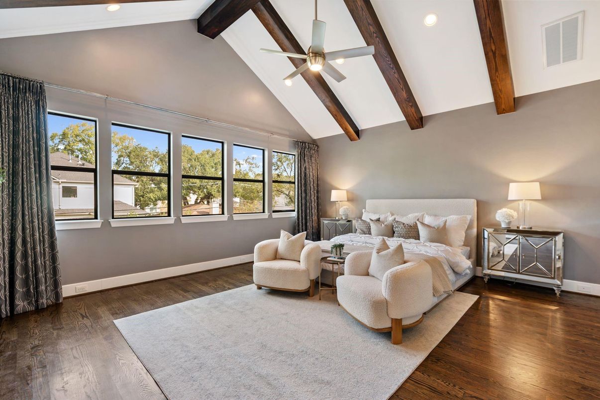 Bedroom, Interior, Recessed Lighting, Wooden Beams, Wood Texture Flooring
