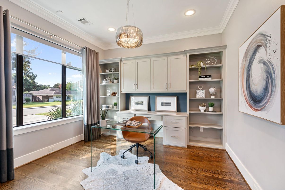 Home Office, Interior, Pendant Lights, Recessed Lighting, Wood Texture Flooring