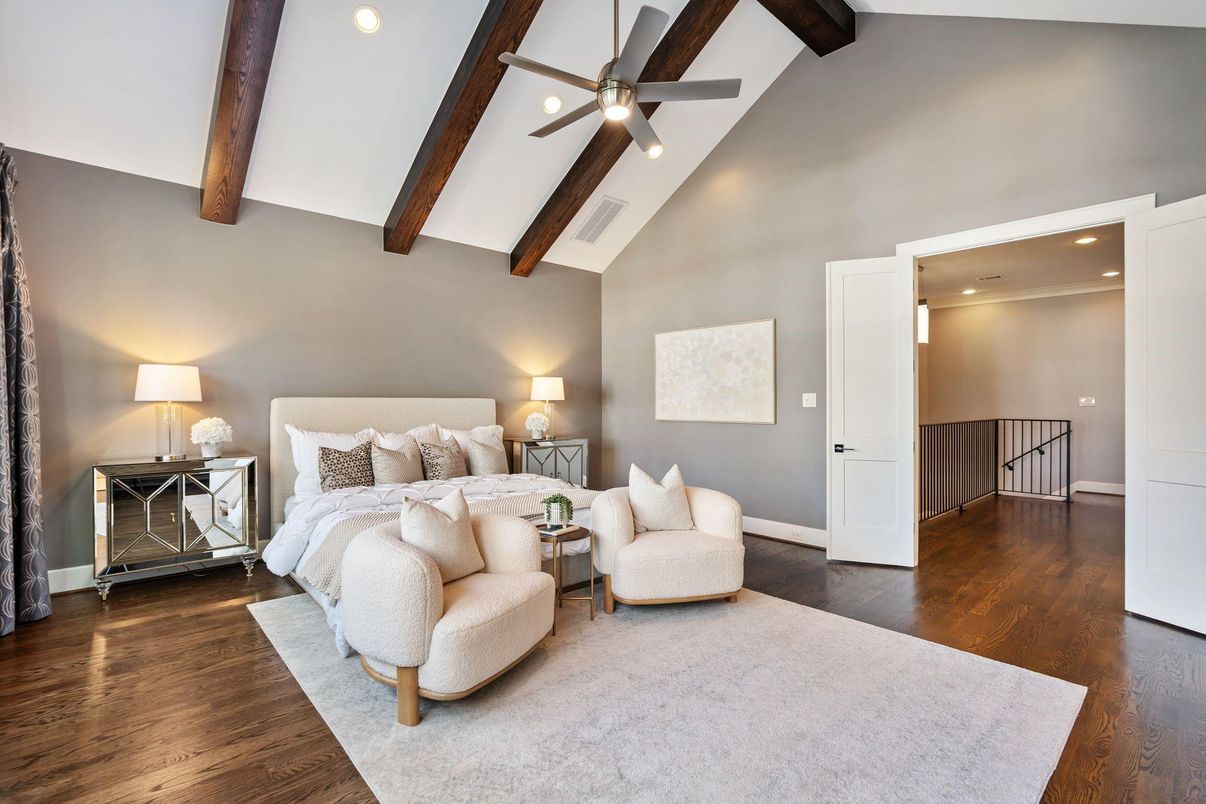 Bedroom, Interior, Recessed Lighting, Wooden Beams, Wood Texture Flooring