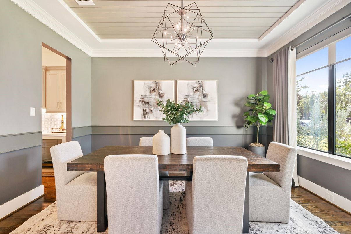 Dining room, Interior, Pendant Lights, Wood Texture Flooring