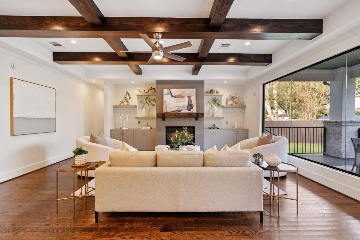 Fireplace, Interior, Living room, Recessed Lighting, Wooden Beams, Wood Texture Flooring