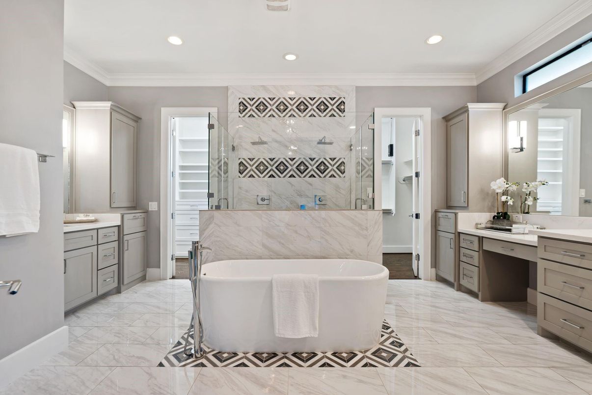 Bathroom, Free Standing Baths, Interior, Marble, Marble Walls, Recessed Lighting