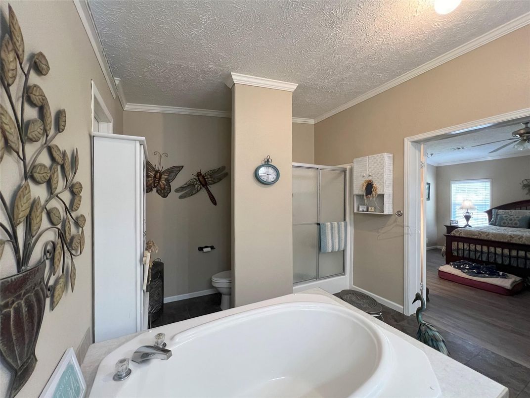 Bathroom, Glass Shower, Interior, Wood Texture Flooring