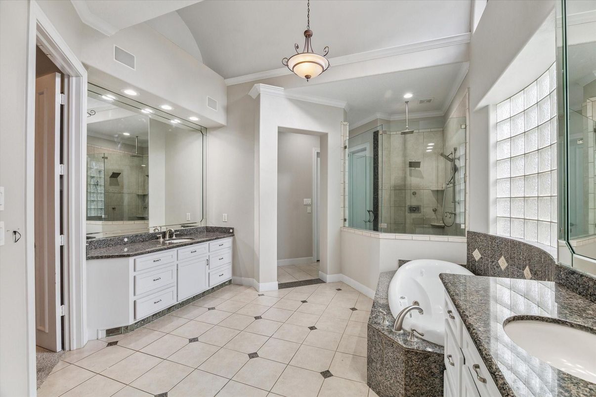 Bathroom, Dual Sink Vanities, Glass Shower, Interior, Pendant Lights, Recessed Lighting