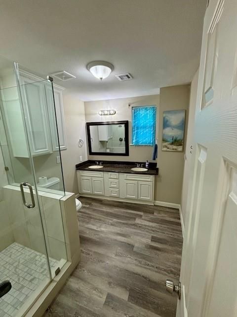 Bathroom, Glass Shower, Interior, Wood Texture Flooring