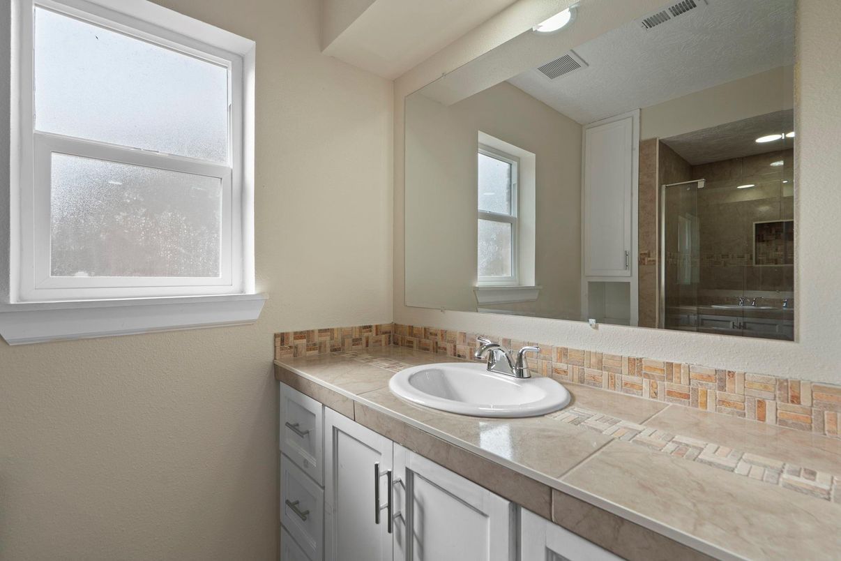 Bathroom, Glass Shower, Interior, Recessed Lighting, Tile Countertops