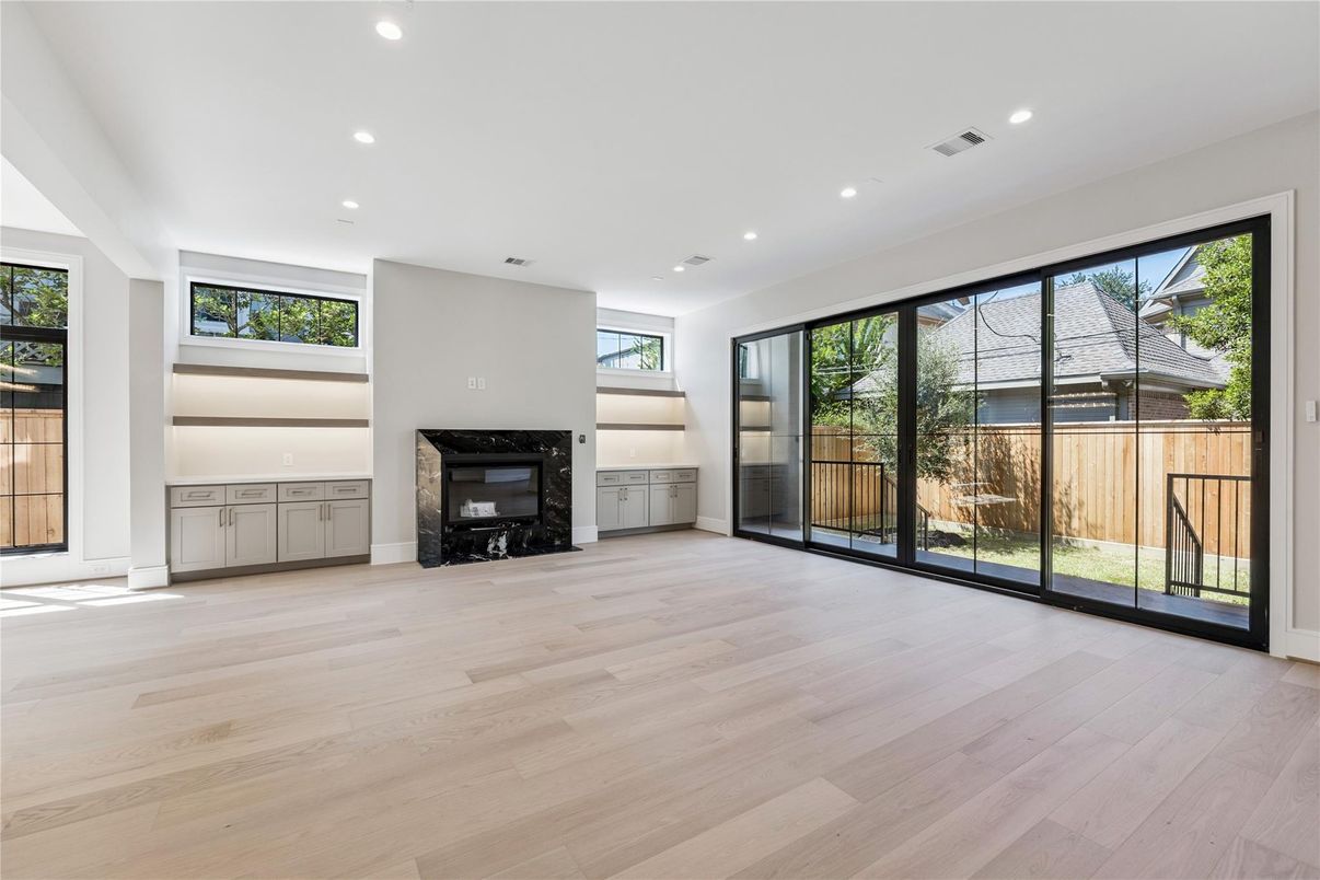 Empty room, Fireplace, Interior, Recessed Lighting, Wood Texture Flooring