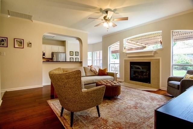 Fireplace, Interior, Kitchen, Living room, Stainless Steel Appliances, Wood Texture Flooring