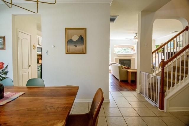 Dining room, Fireplace, Interior, Living room, Wood Texture Flooring