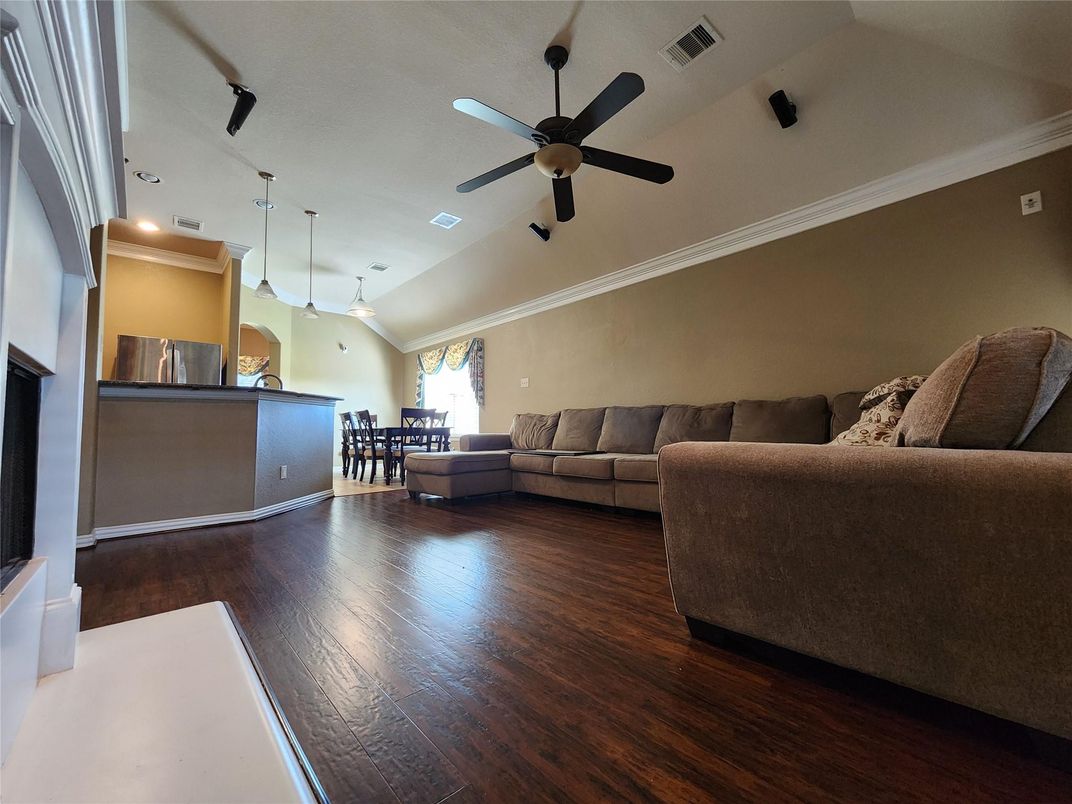 Dining room, Interior, Kitchen, Living room, Pendant Lights, Recessed Lighting, Stainless Steel Appliances, Wood Texture Flooring