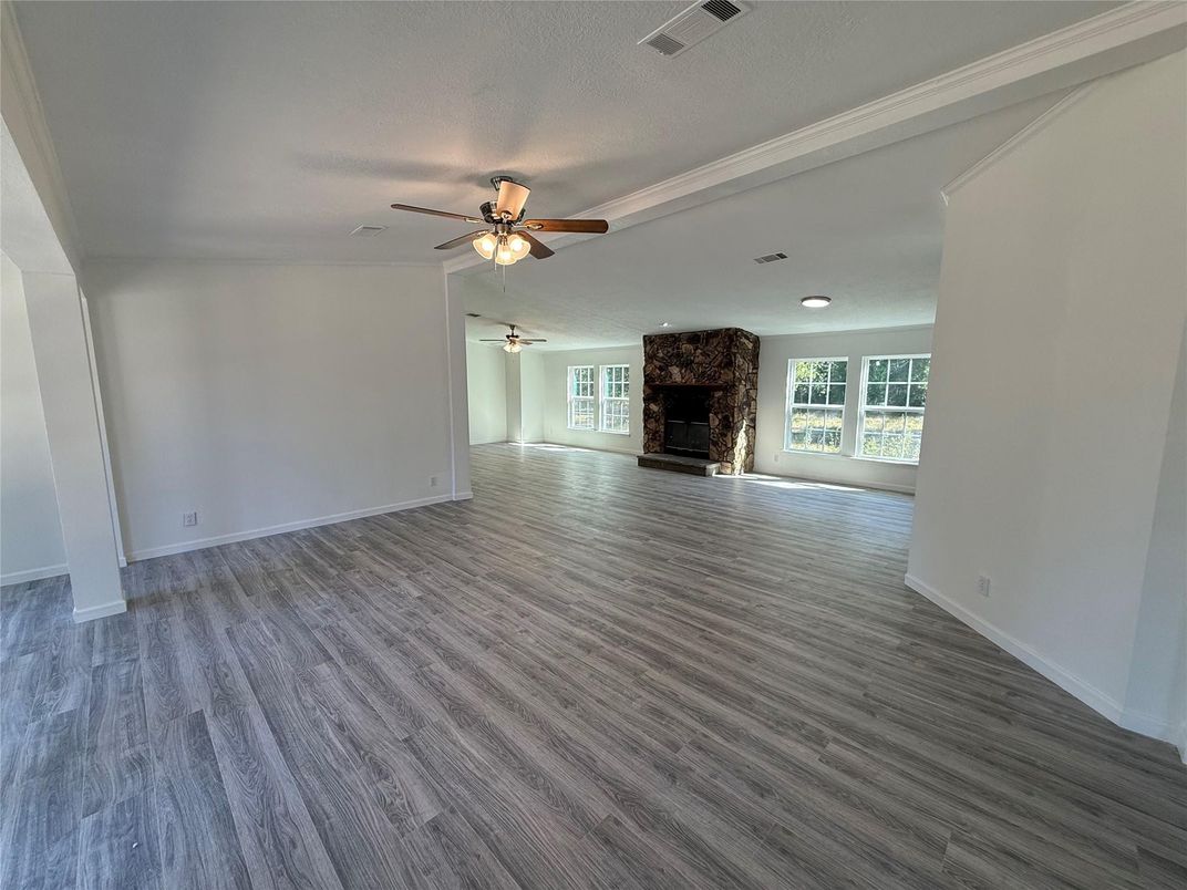 Empty room, Fireplace, Interior, Recessed Lighting, Wood Texture Flooring