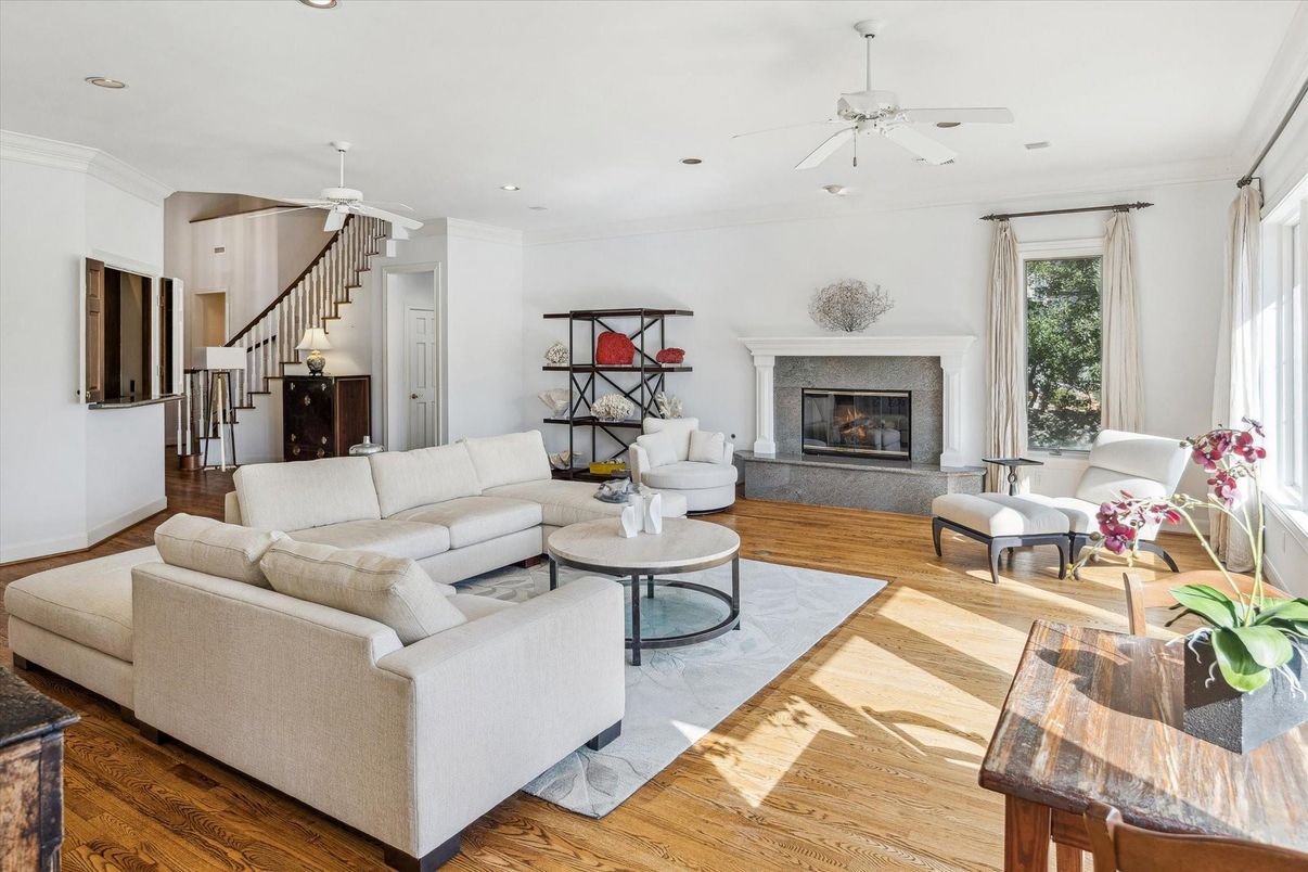 Fireplace, Interior, Living room, Recessed Lighting, Wood Texture Flooring