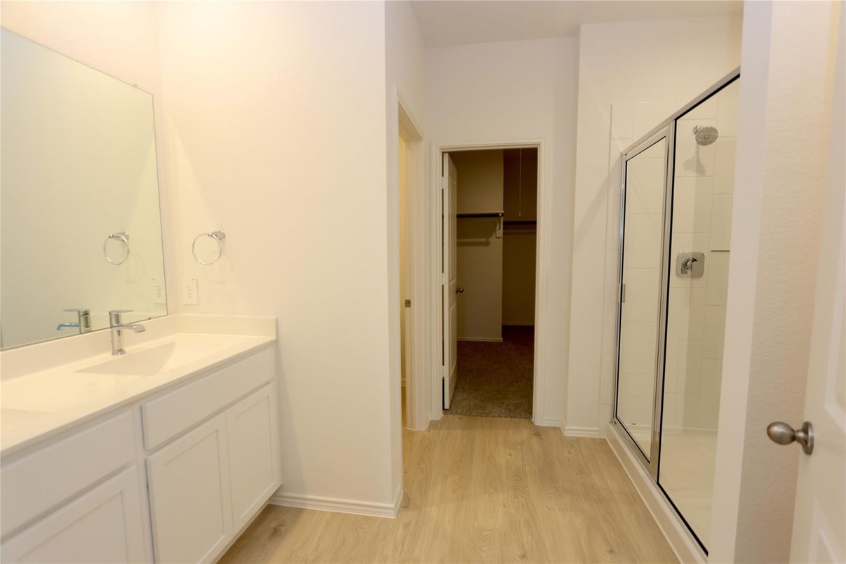 Bathroom, Glass Shower, Interior, Wood Texture Flooring