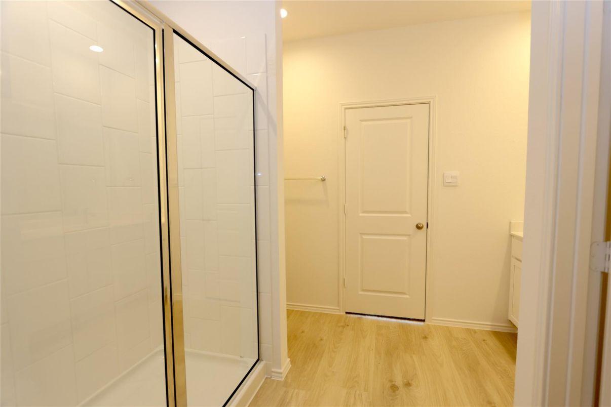 Bathroom, Glass Shower, Interior, Recessed Lighting, Wood Texture Flooring