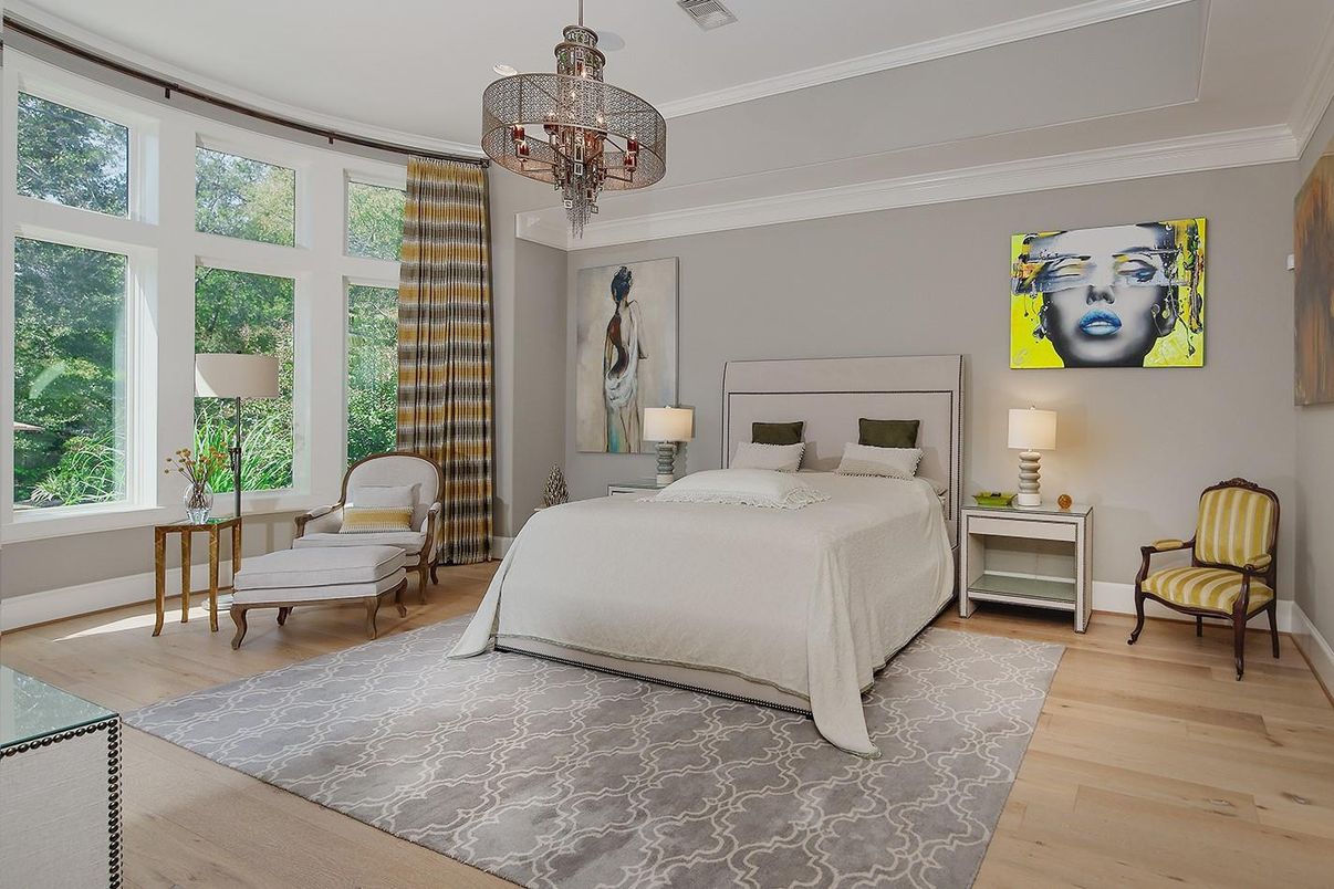 Bedroom, Chandelier, Interior, Wood Texture Flooring