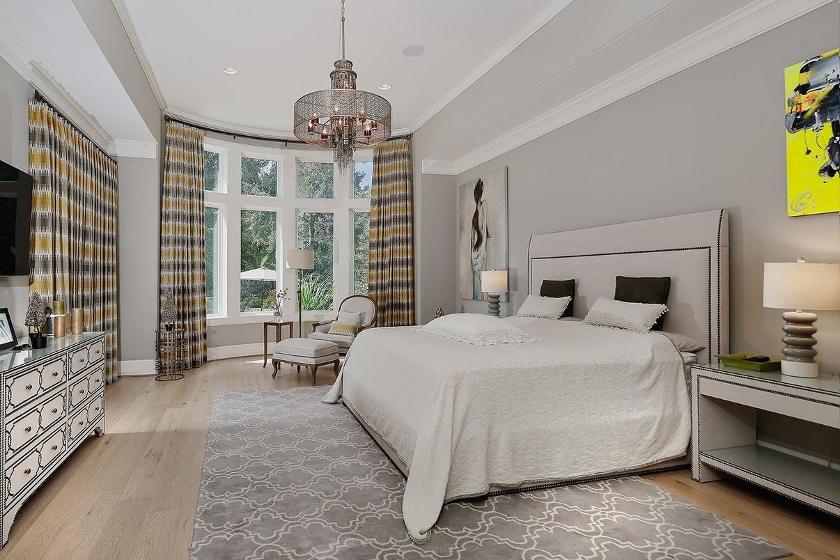 Bedroom, Interior, Pendant Lights, Recessed Lighting, Wood Texture Flooring