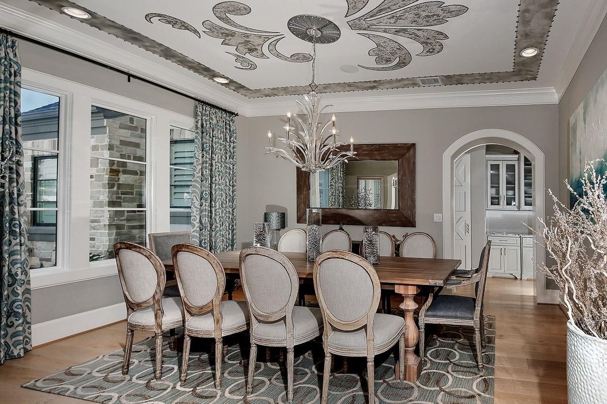 Chandelier, Dining room, Interior, Recessed Lighting, Wood Texture Flooring