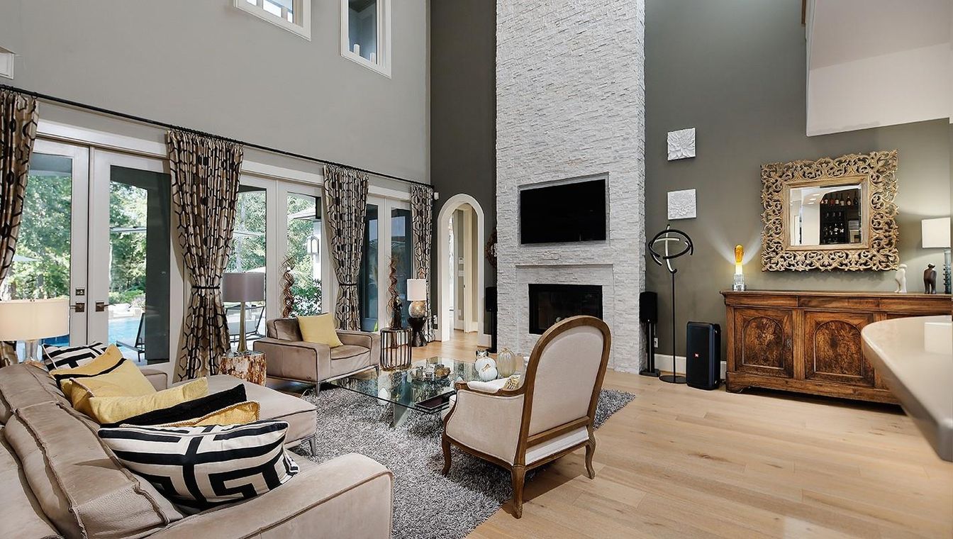 Fireplace, Interior, Living room, Stone Walls, Wood Texture Flooring