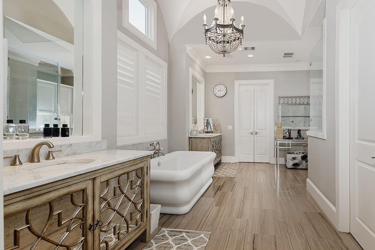 Bathroom, Chandelier, Dual Sink Vanities, Free Standing Baths, Interior, Recessed Lighting, Wood Texture Flooring
