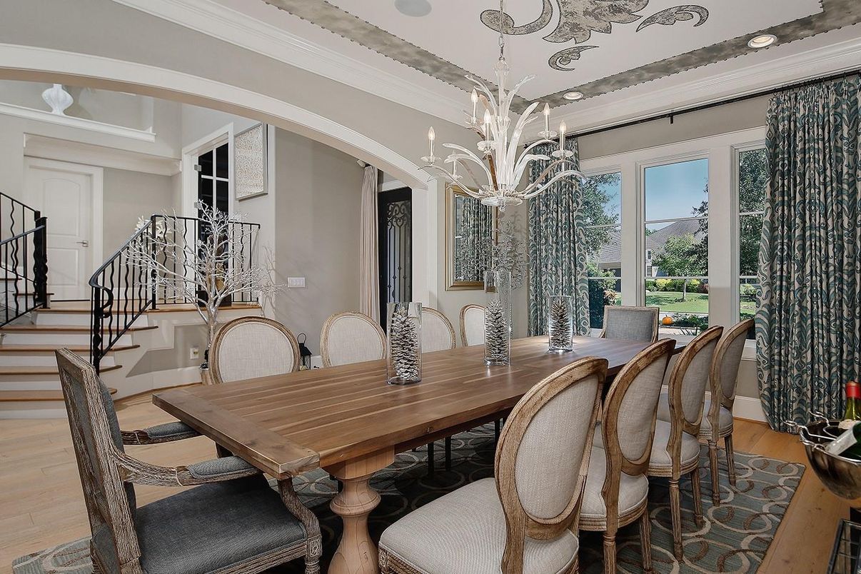 Chandelier, Dining room, Interior, Wood Texture Flooring