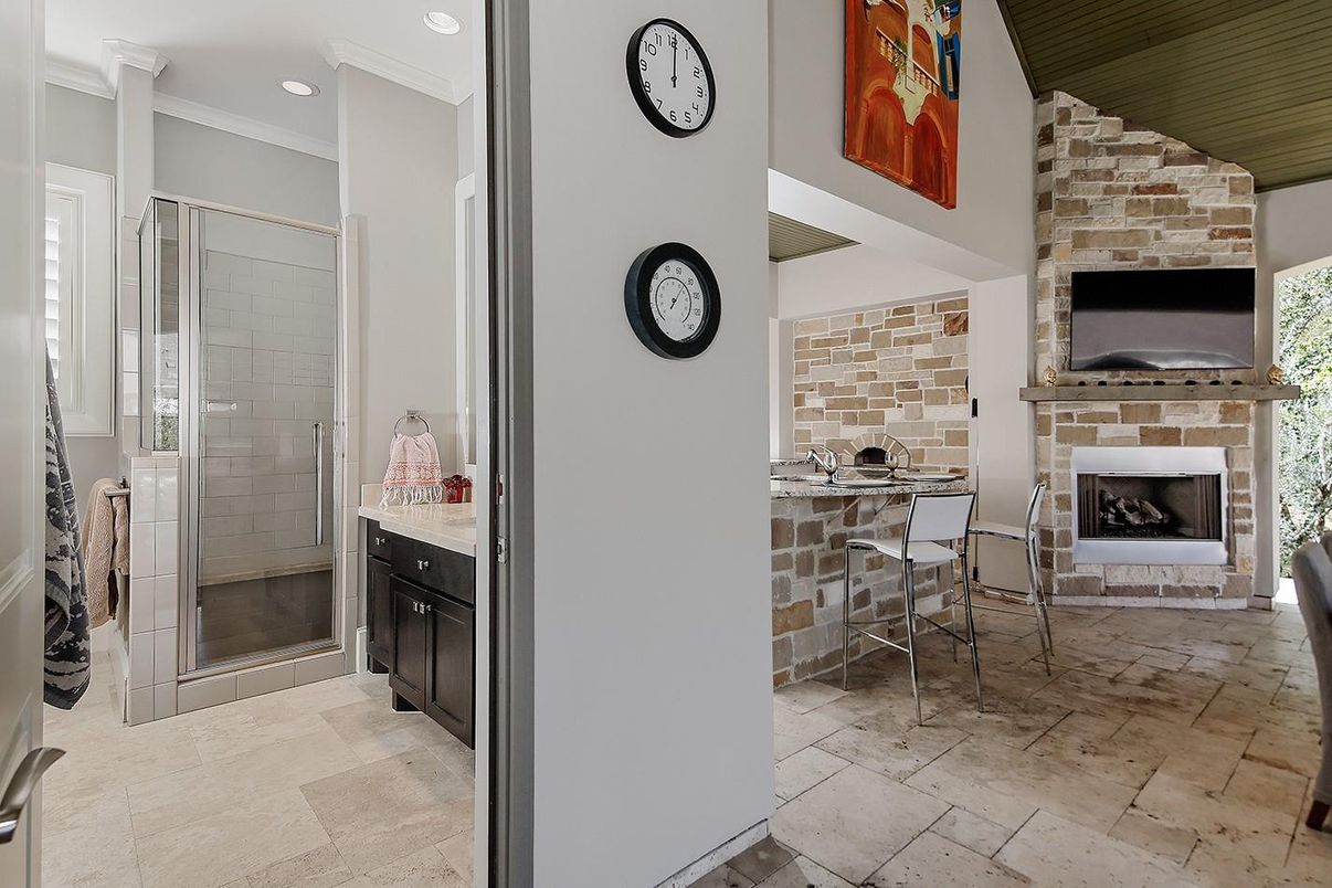 Bathroom, Fireplace, Interior, Recessed Lighting, Stone Walls