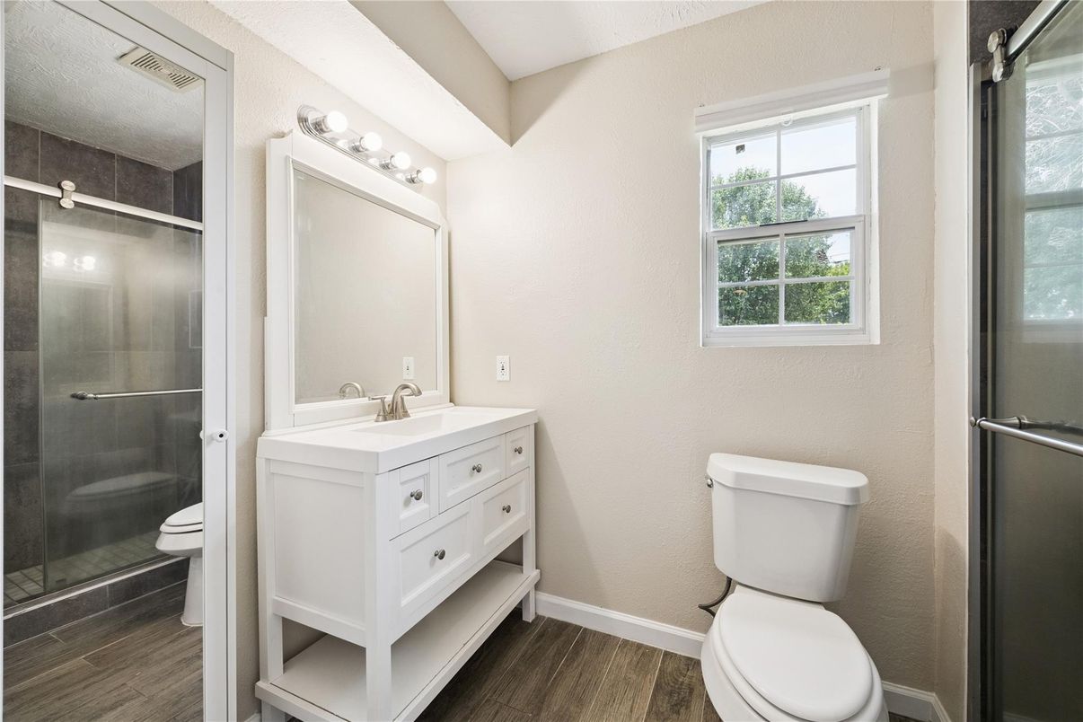 Bathroom, Glass Shower, Interior, Wood Texture Flooring