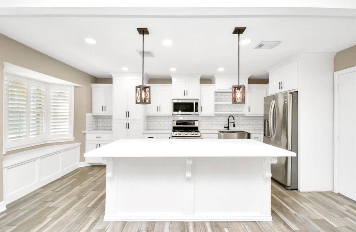 Interior, Kitchen, Pendant Lights, Recessed Lighting, Stainless Steel Appliances, Wood Texture Flooring