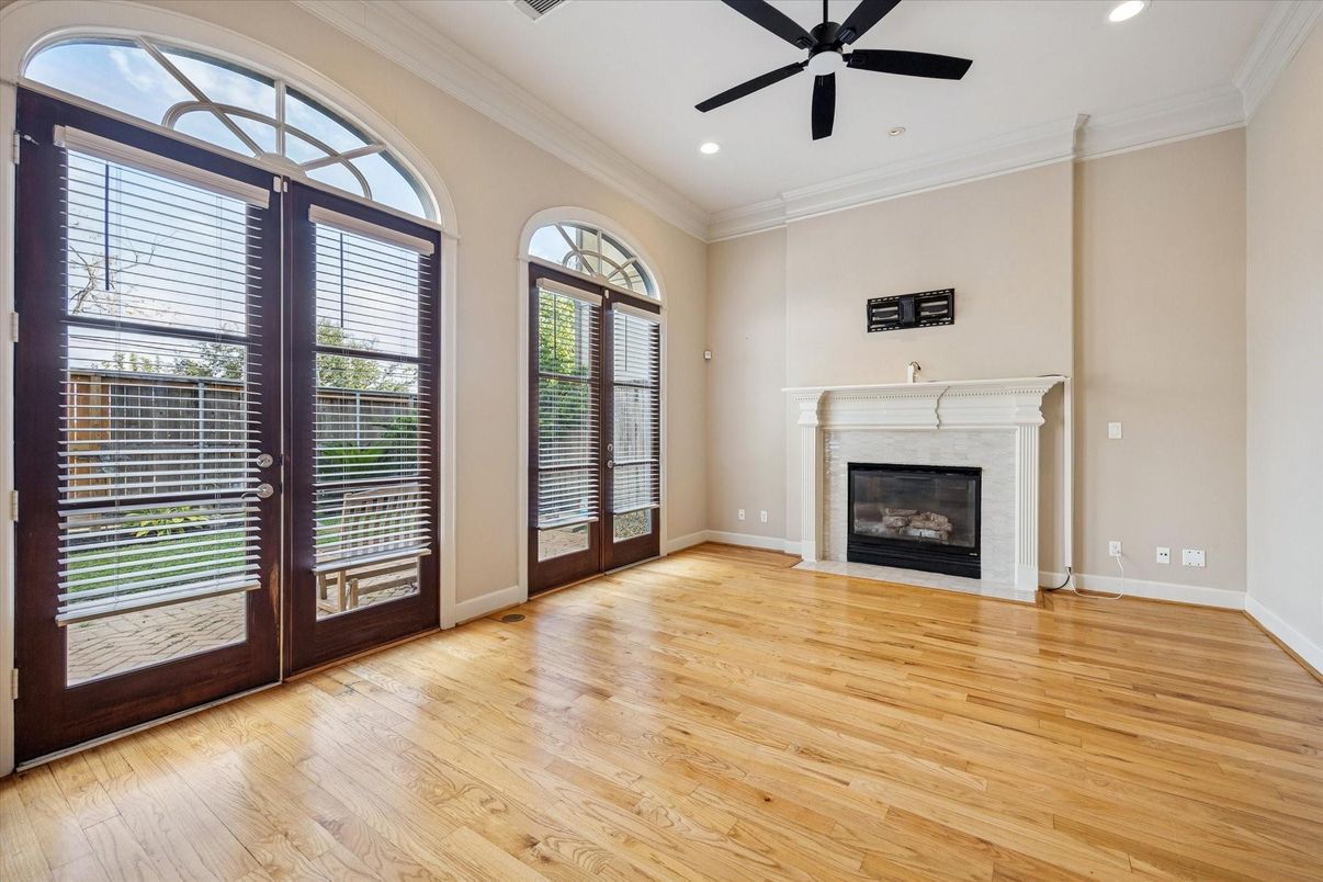 Empty room, Fireplace, Interior, Recessed Lighting, Wood Texture Flooring