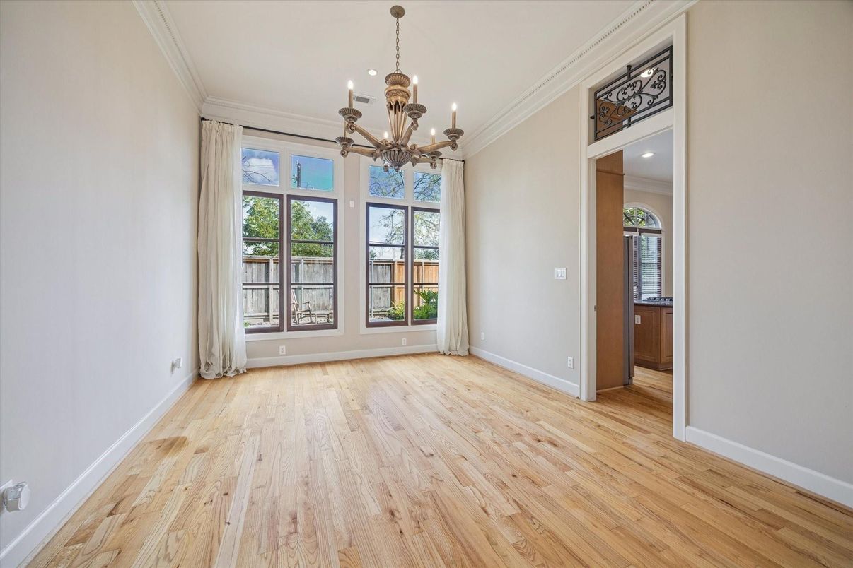 Chandelier, Empty room, Interior, Recessed Lighting, Wood Texture Flooring