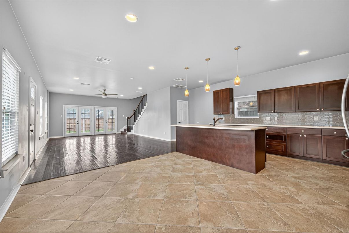 Interior, Kitchen, Pendant Lights, Recessed Lighting, Wood Texture Flooring