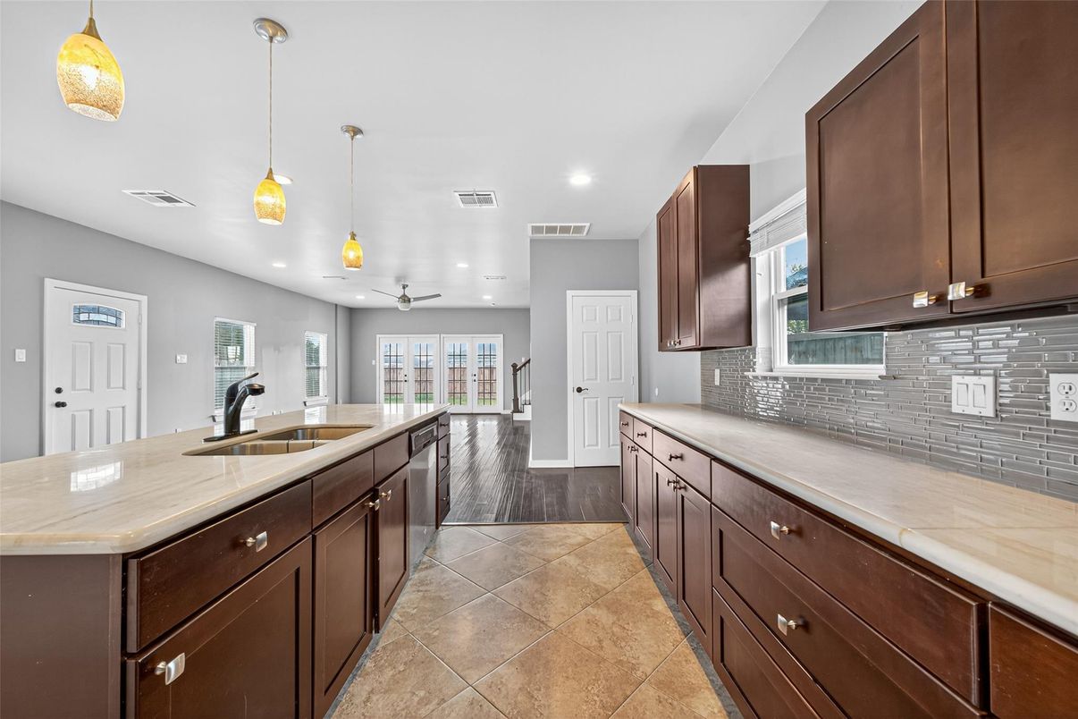 Interior, Kitchen, Pendant Lights, Recessed Lighting, Wood Texture Flooring