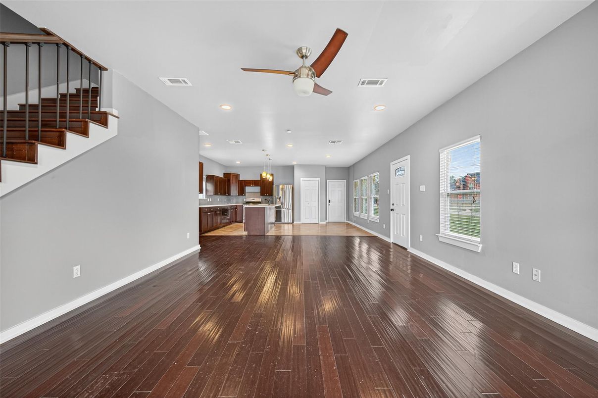 Empty room, Interior, Kitchen, Pendant Lights, Recessed Lighting, Wood Texture Flooring