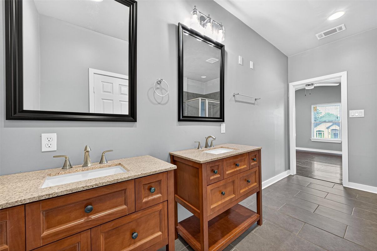 Bathroom, Dual Sink Vanities, Interior, Recessed Lighting, Wood Texture Flooring