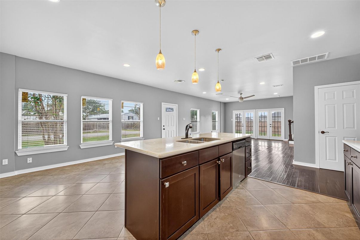 Interior, Kitchen, Pendant Lights, Recessed Lighting, Wood Texture Flooring