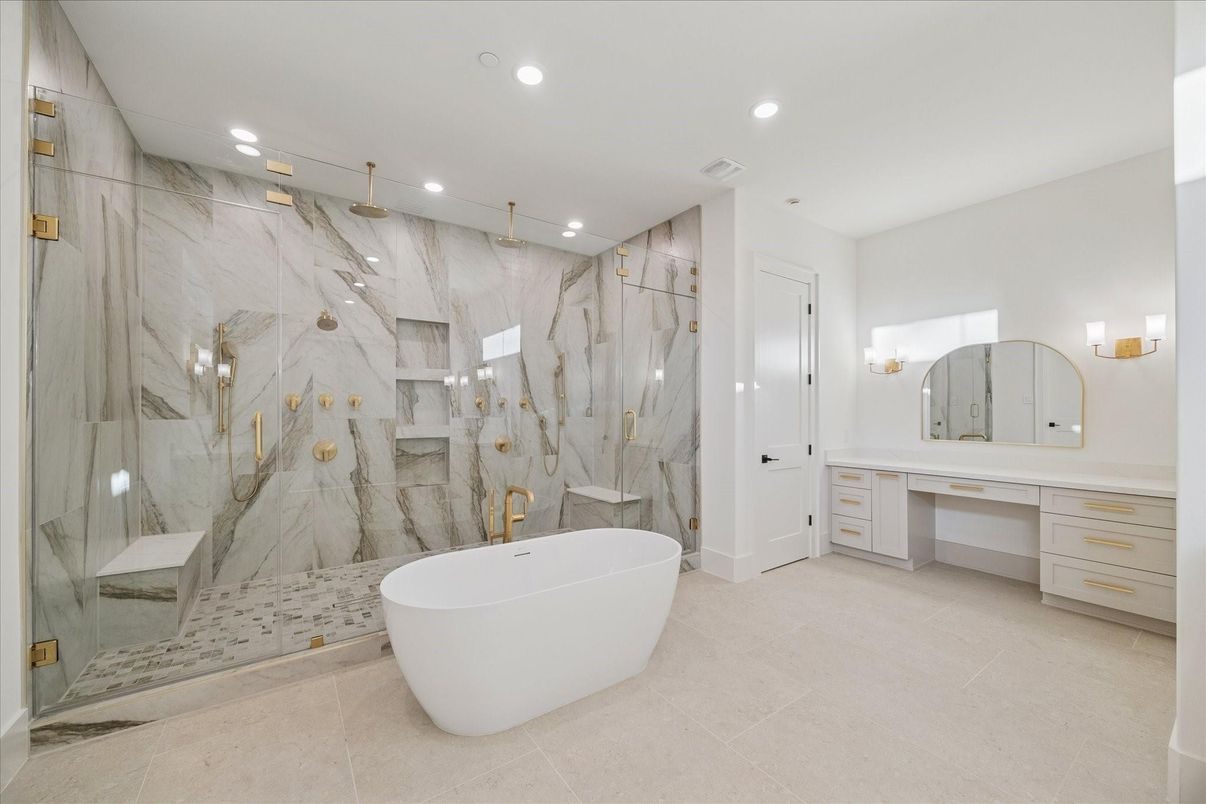 Bathroom, Free Standing Baths, Glass Shower, Interior, Marble Walls, Recessed Lighting