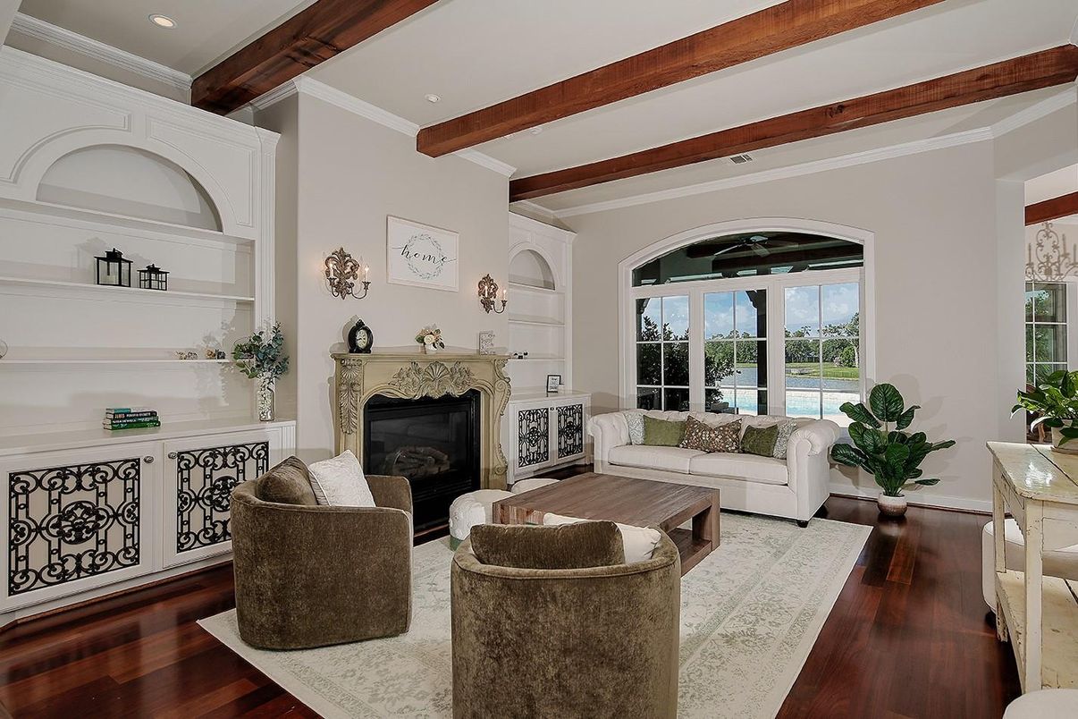 Fireplace, Interior, Living room, Recessed Lighting, Wooden Beams, Wood Texture Flooring