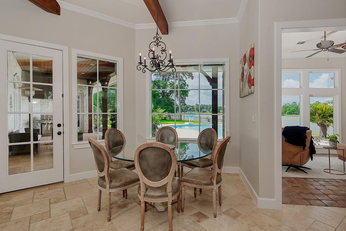 Chandelier, Dining room, Interior, Wooden Beams