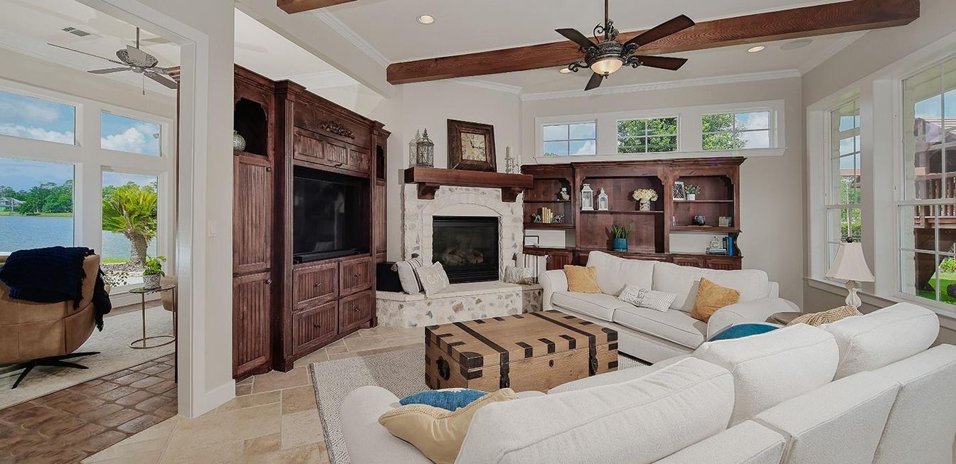 Fireplace, Interior, Living room, Recessed Lighting, Water, Wooden Beams