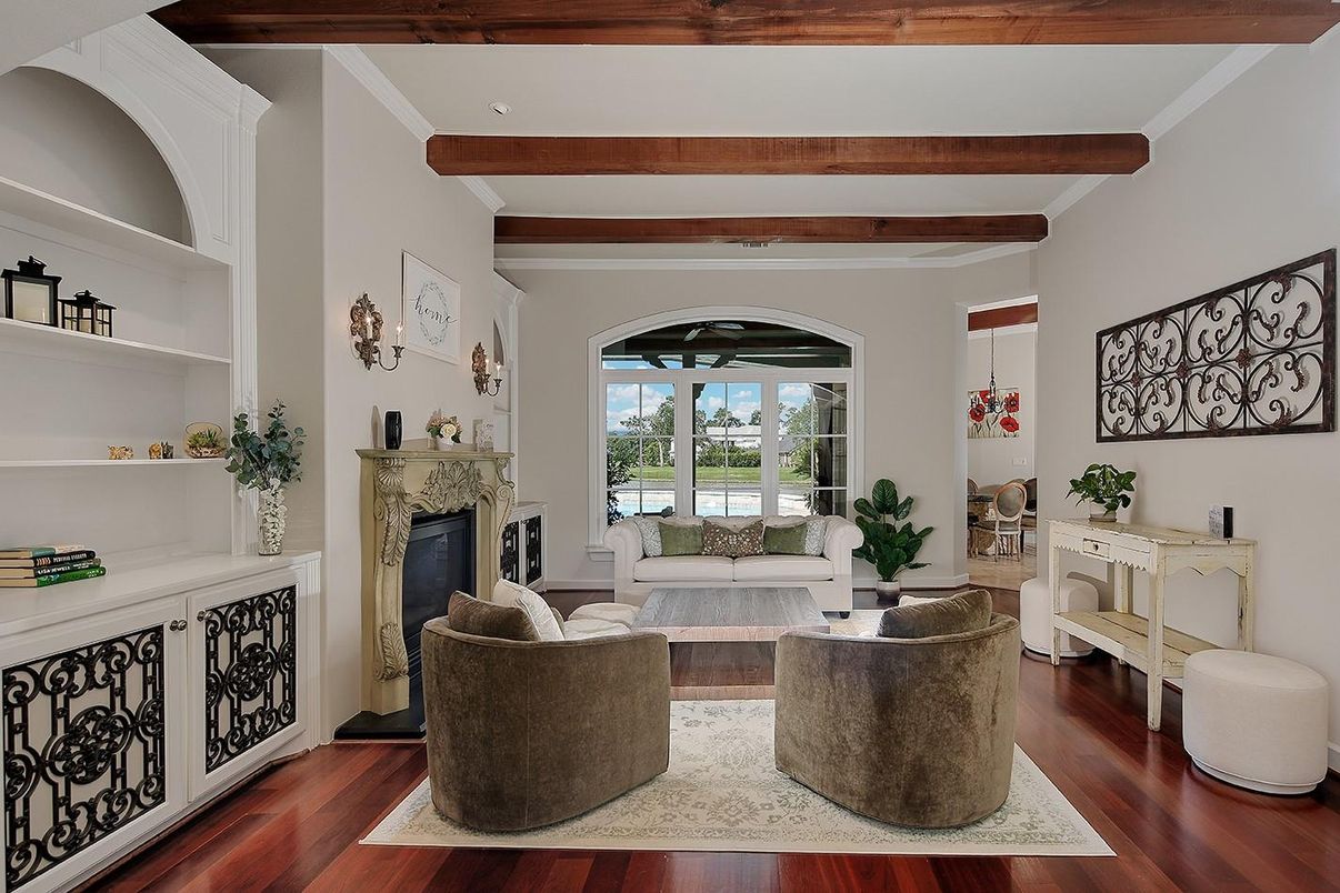 Fireplace, Interior, Living room, Wooden Beams, Wood Texture Flooring