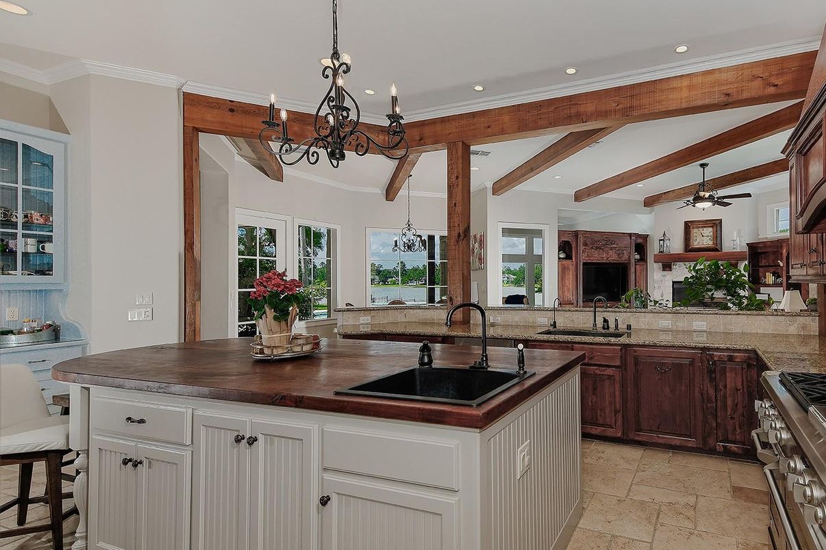 Chandelier, Interior, Kitchen, Recessed Lighting, Wooden Beams