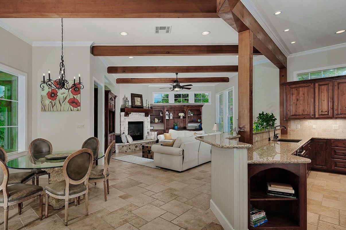 Chandelier, Dining room, Fireplace, Interior, Kitchen, Living room, Recessed Lighting, Wooden Beams