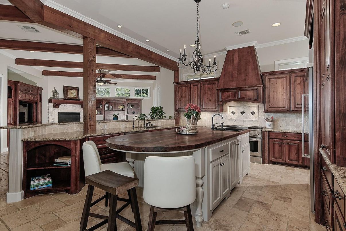 Chandelier, Interior, Kitchen, Recessed Lighting, Wooden Beams