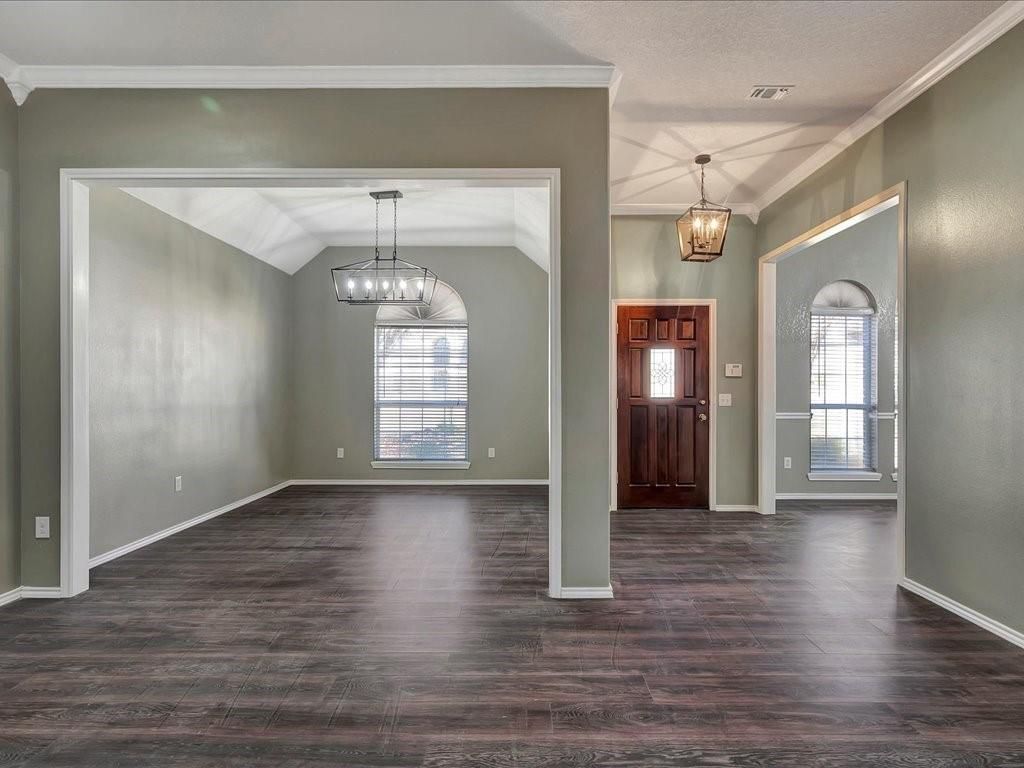 Chandelier, Empty room, Interior, Pendant Lights, Wood Texture Flooring