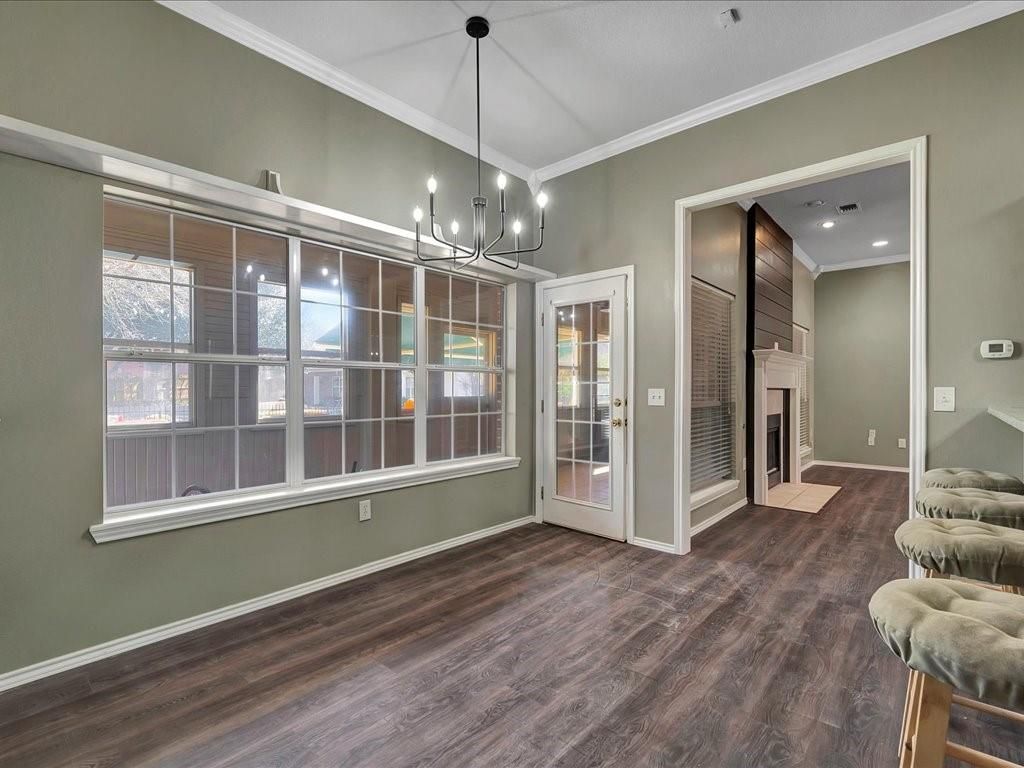 Fireplace, Interior, Pendant Lights, Recessed Lighting, Wood Texture Flooring