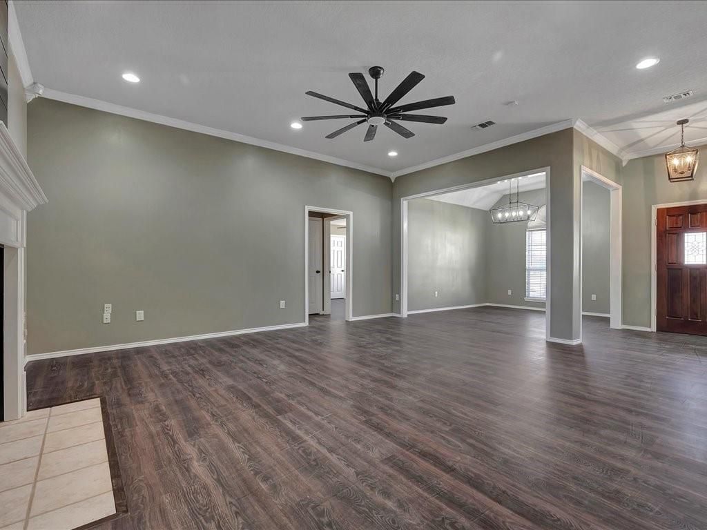 Chandelier, Empty room, Interior, Pendant Lights, Recessed Lighting, Wood Texture Flooring